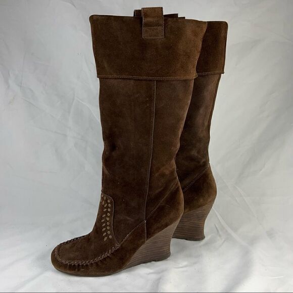 Sam Edelman Alabama Suede Brown Studded Knee High Wedge Boots 7.5 - Picture 3 of 10
